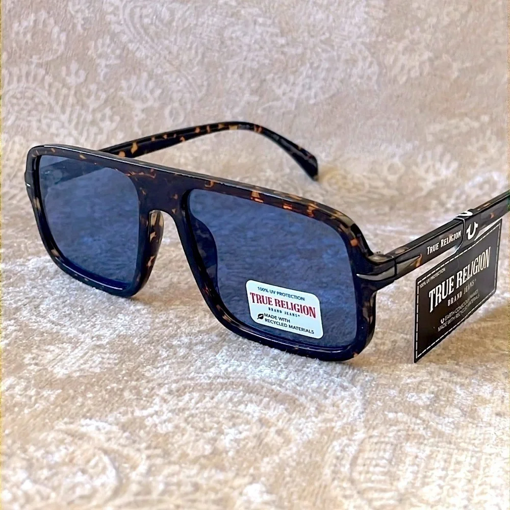 Brand New True Religion Tortoise Shell Retro Aviator Shield Sunglasses Blue Lens